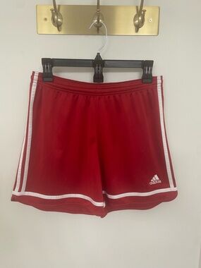 adidas Women’s Red Athletic Shorts with White Stripes Y2K faint pinstripes
